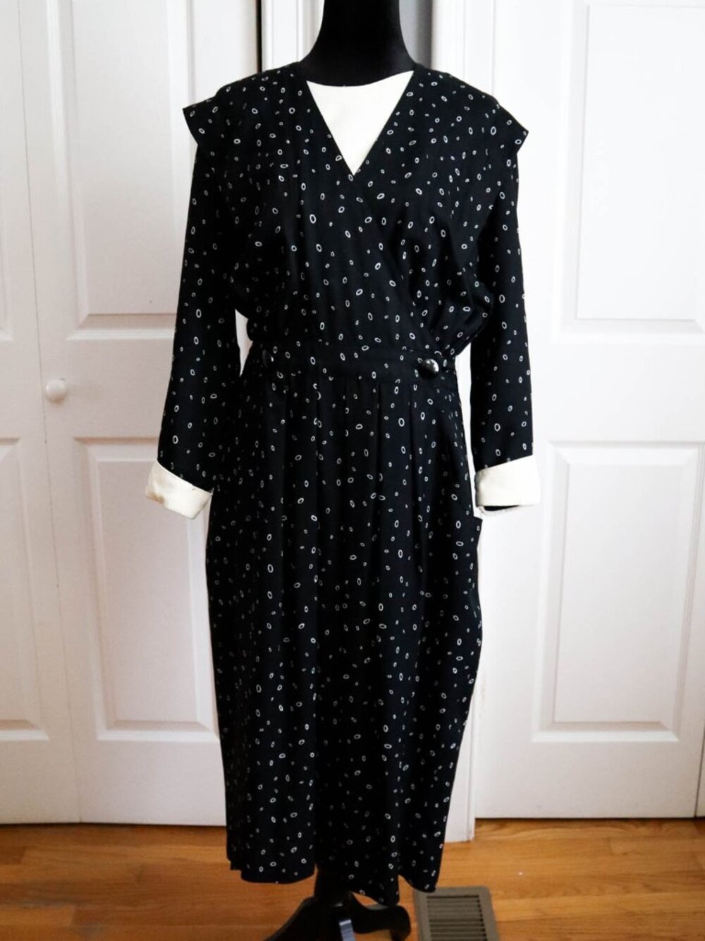 Vtg '90s R.J. Stevens Pencil Dress Black & White Abstract Polka Dots Sz 16 Retro